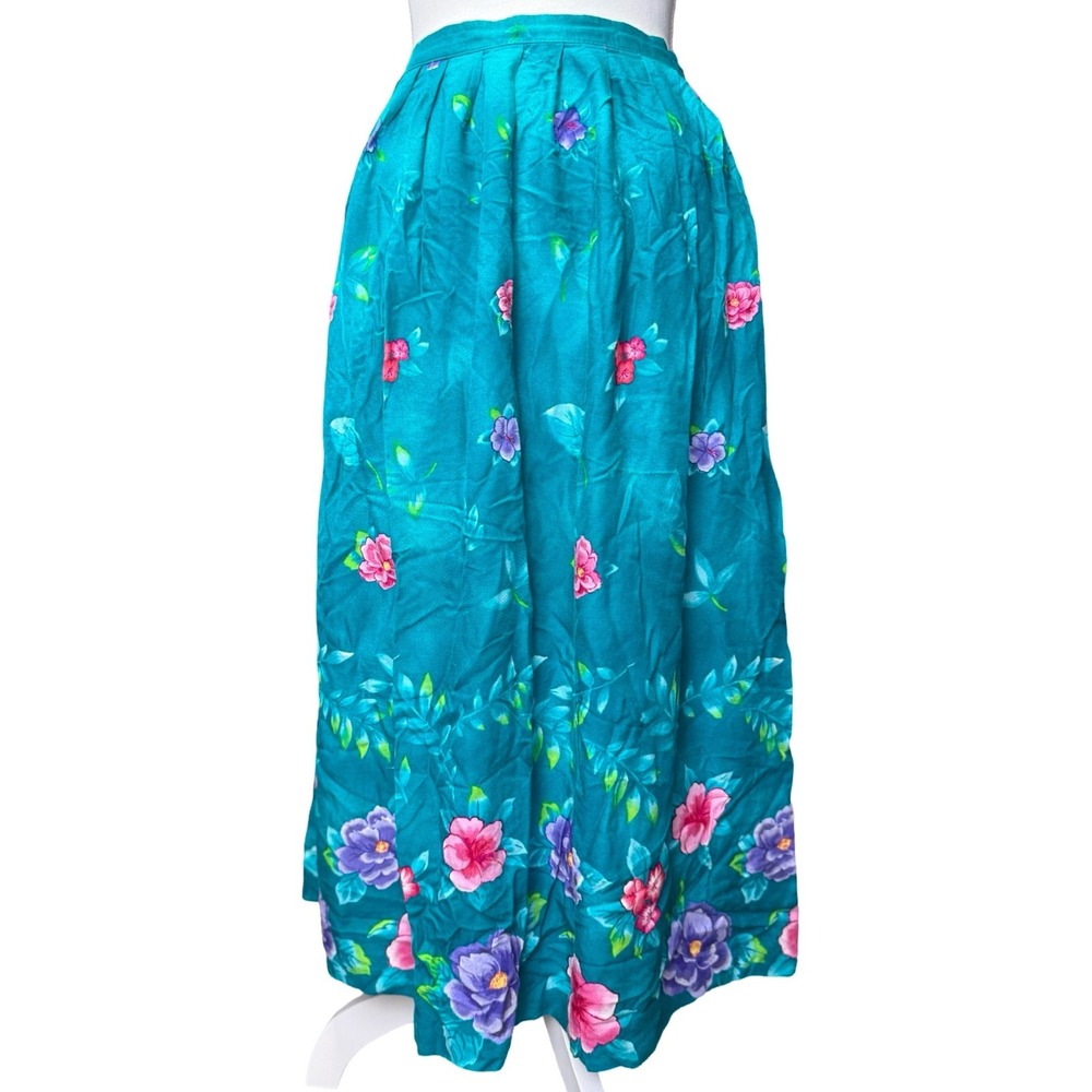 Vintage Debbie Brooks Floral Midi Skirt Teal‎ Rayon Garden Print Pockets Small